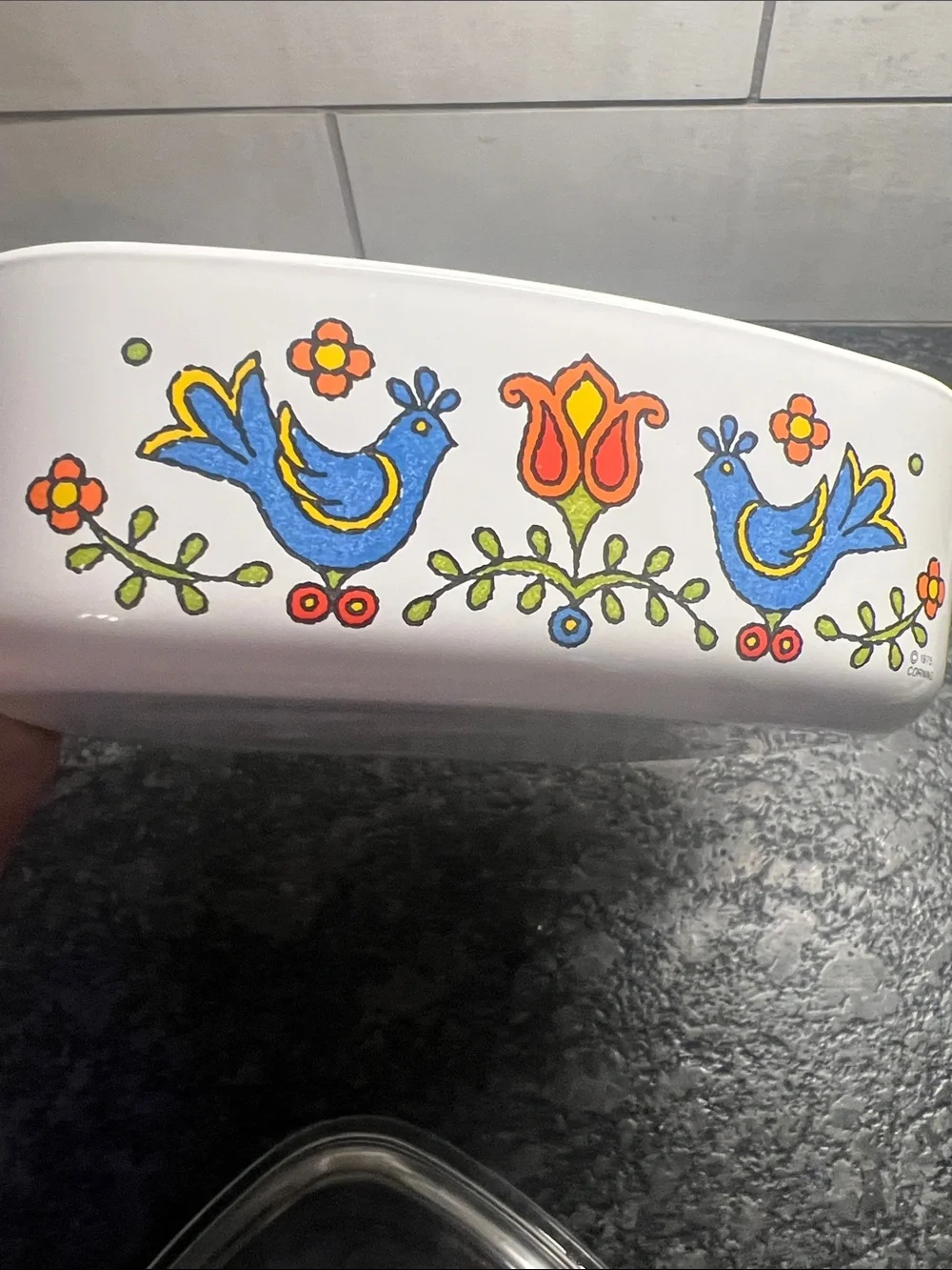 1975 1qt CorningWare Country Festival Casserole Dish Blue Floral Bird Pattern